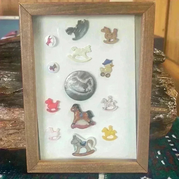 Vintage rocking horse nursery framed buttons . - Picture 1 of 5